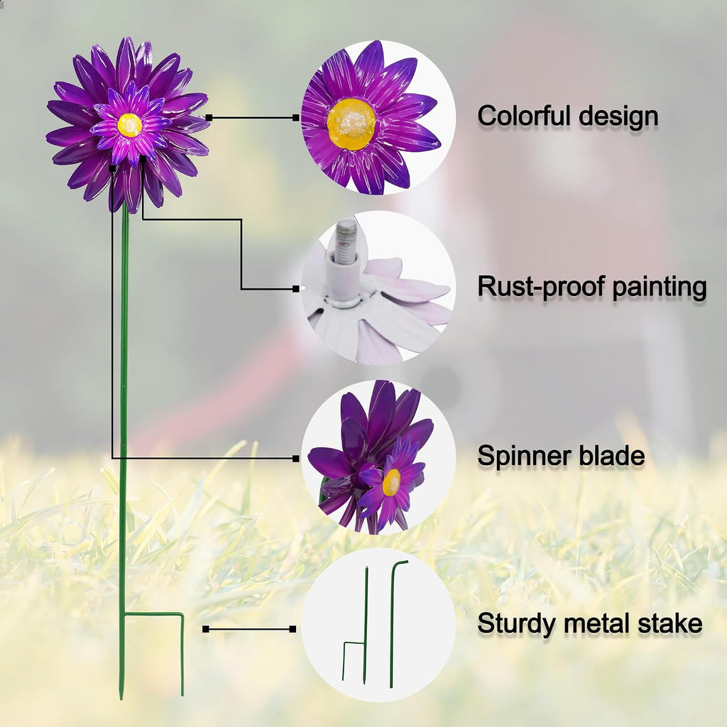 Metal Flower Wind Spinner Garden Stake Yard Art, Lawn Windmill Ornaments | WEIBEFEE; 5 Pieces;Lawn Ornament; 27 Inch