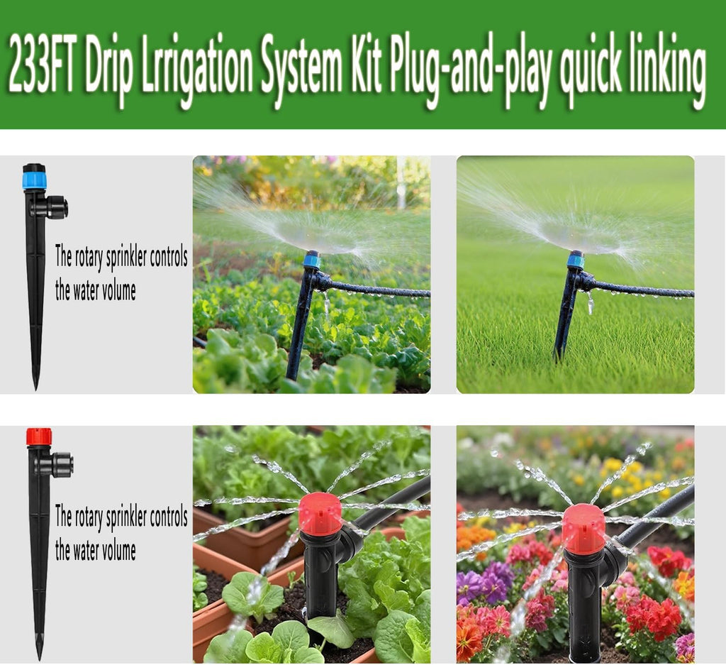 233FT Drip Irrigation System Kit with Quick-Connect System,33FT 1/2" Mainline & 200FT 1/4" Tubing,Brass Y-Type