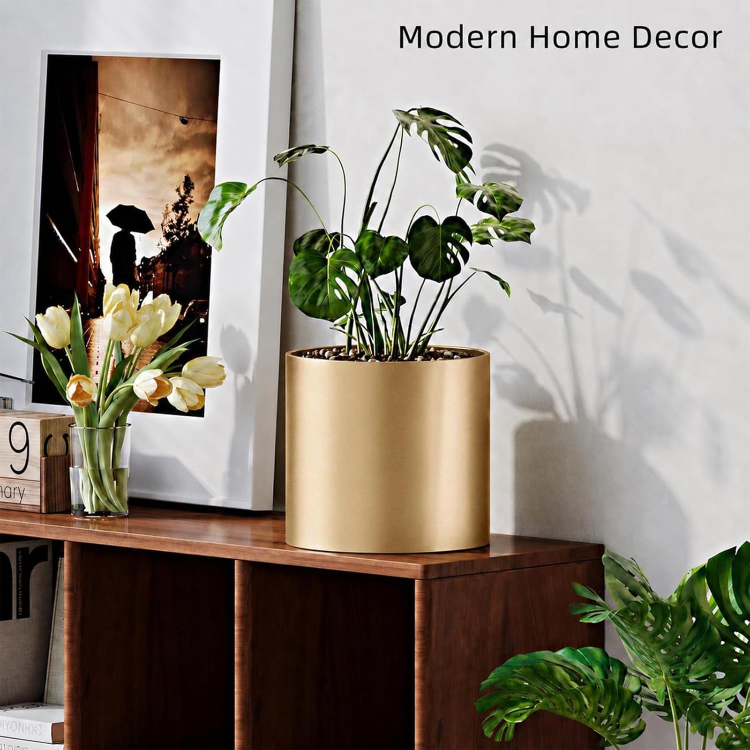 Gold Metal Plant Pot with Drainage Hole, 7 Inch Mid Century Modern Small Pot Indoor Outdoor Planters for Succulents