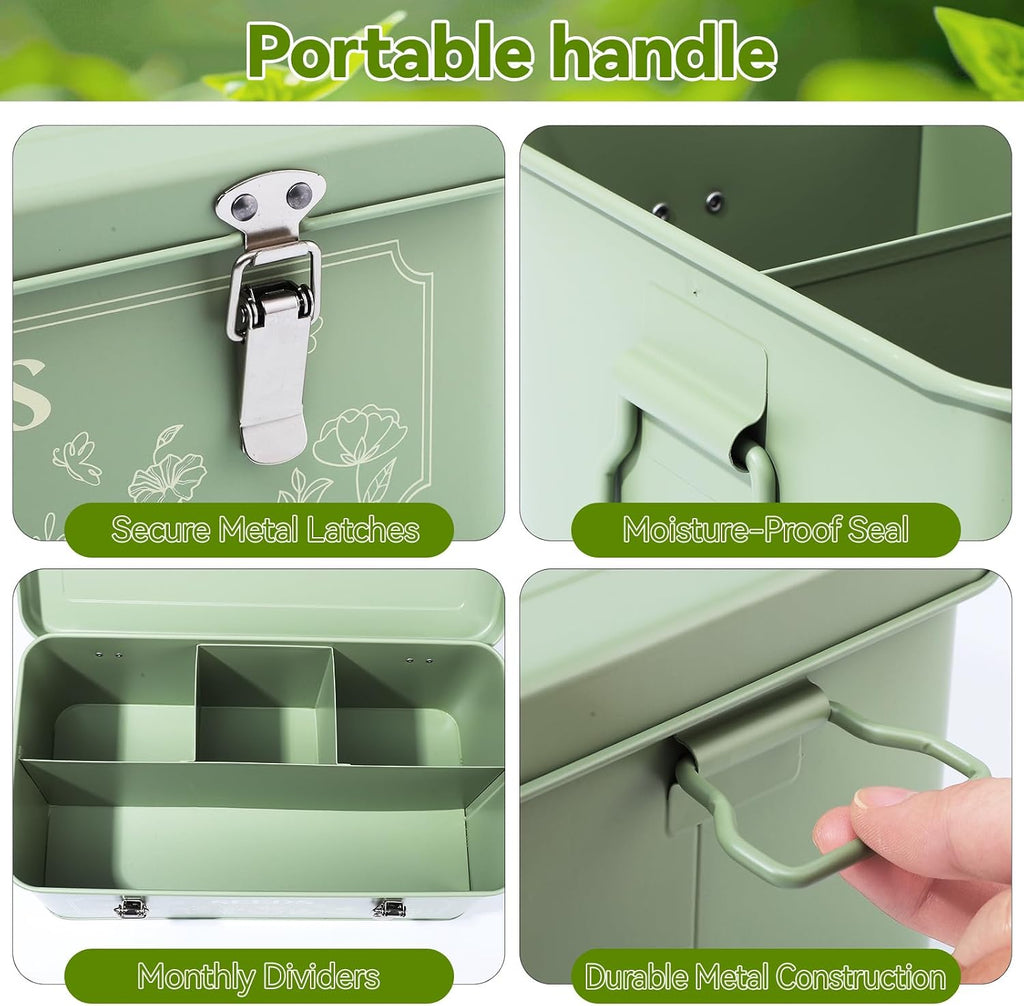 Metal Seed Storage Box With Lid, 4 Compartments, Garden Organizer | Includes 50 Labels, 50 Envelopes, 20 Plant Clips