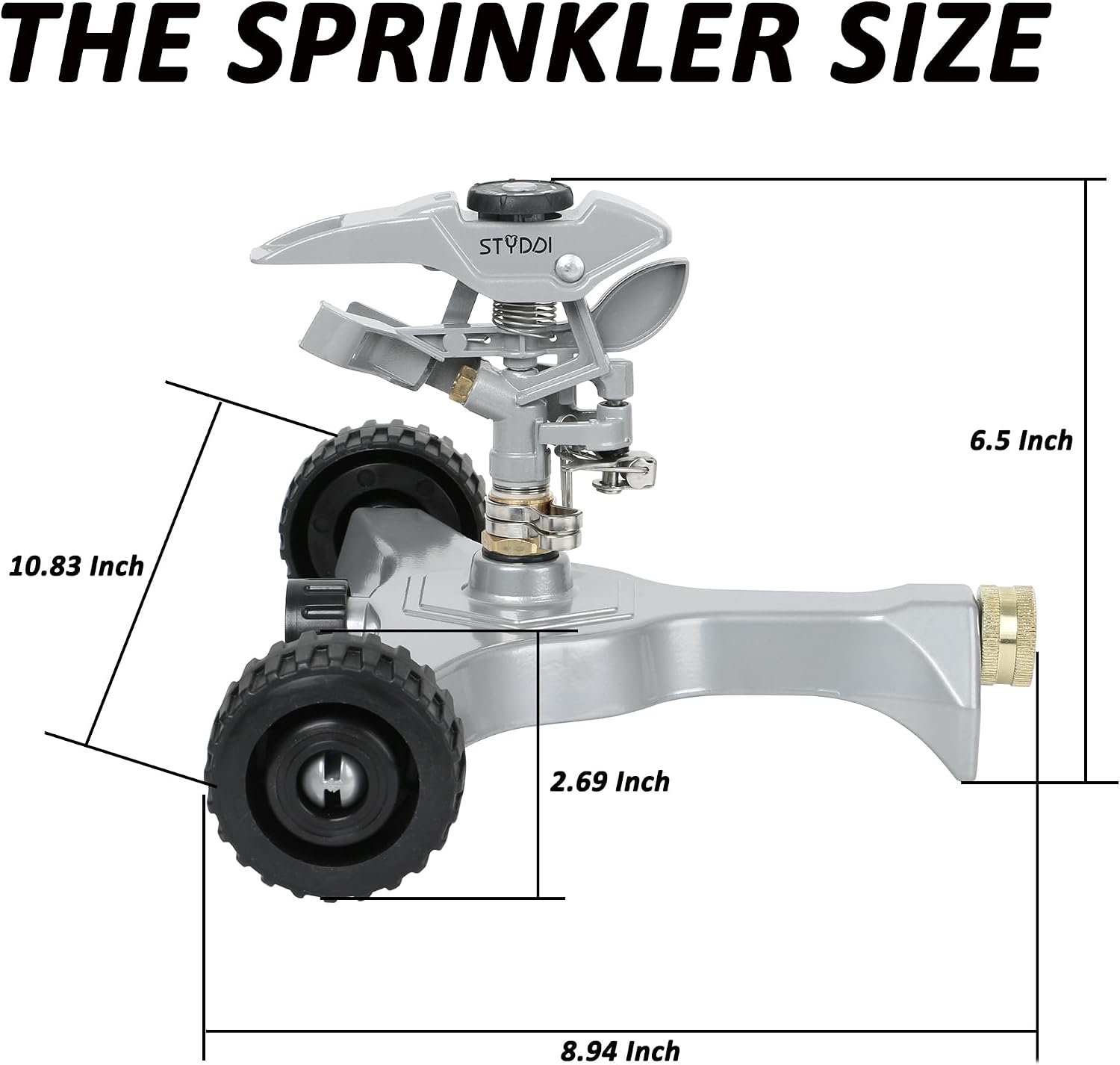STYDDI Metal Pulsating Sprinkler on in-Series Metal Wheeled Base, Adjustable Circular Water Sprinkler for Medium to