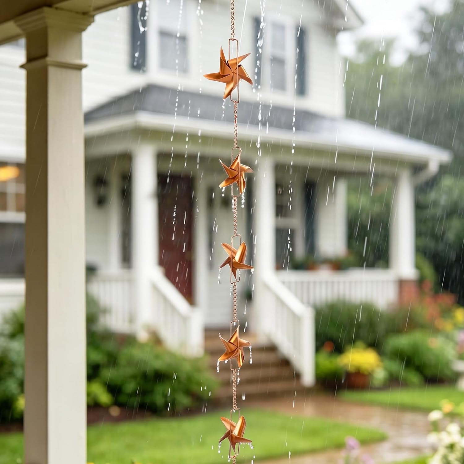 6 FT Rain Chain with 6 Windmill Cups Outdoor Gutter Downspout Decor | Rain Chains for Gutters, Windmill Rain Catcher