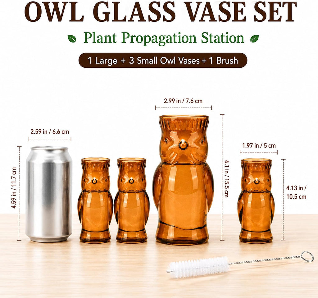 Owl Plant Propagation Station: Set of 4 Cute Brown Glass Vases | Small Plant Terrarium for Hydroponics, Home Office