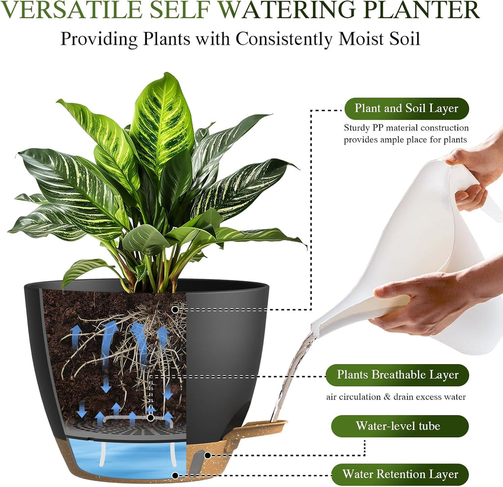 Plant Pots, 4 Pack 12/10/9/8 Inch Self Watering Pots with Drainage Holes, Water Level Indicator Deep Reservoir, Large