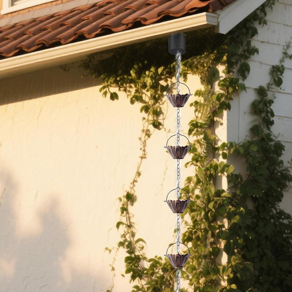Copper Lotus Rain Chain for Gutters, 8.7 FT Decorative Downspout | Handcrafted Finish, 12 Lotus Cups, Smooth Water