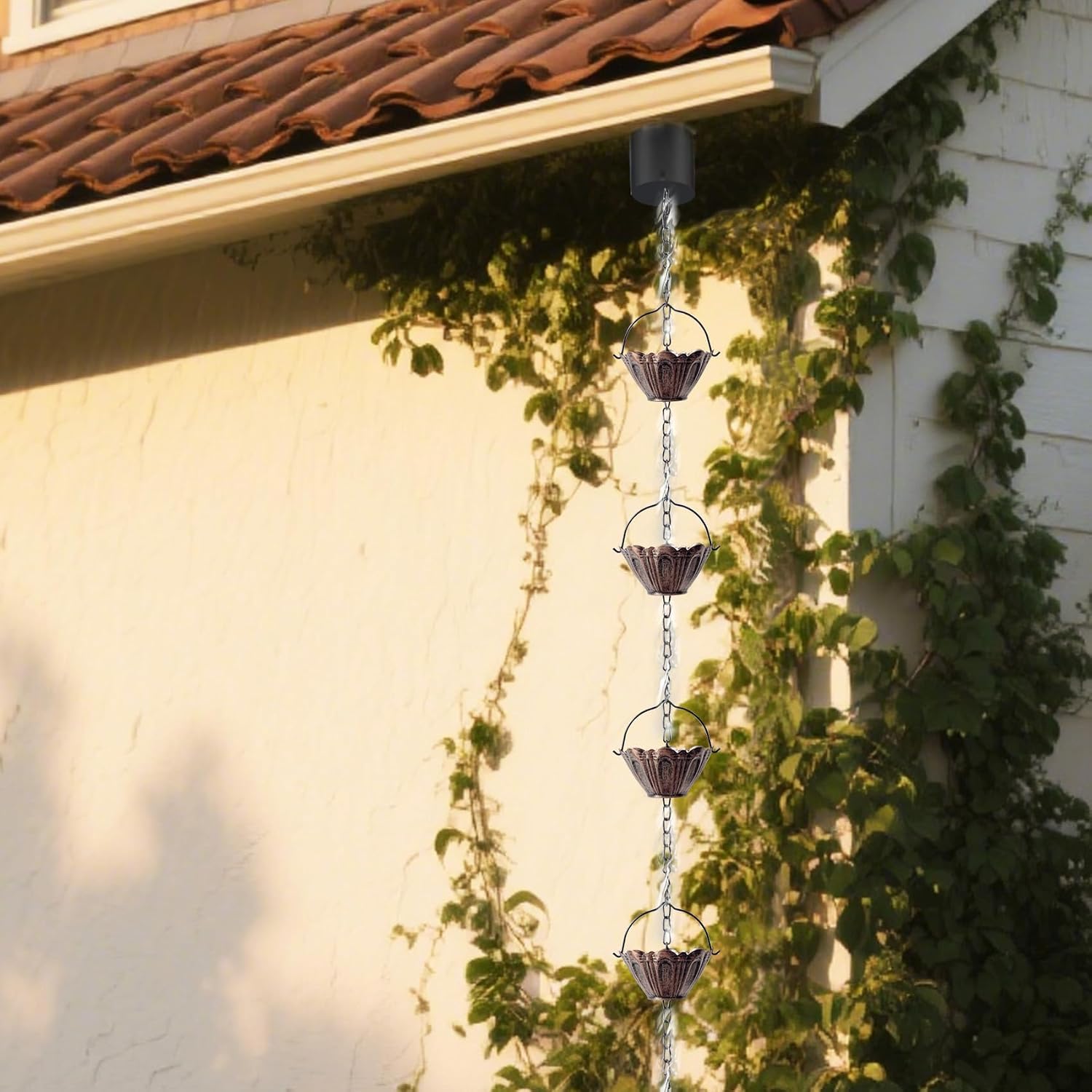 Copper Lotus Rain Chain for Gutters, 8.7 FT Decorative Downspout | Handcrafted Finish, 12 Lotus Cups, Smooth Water
