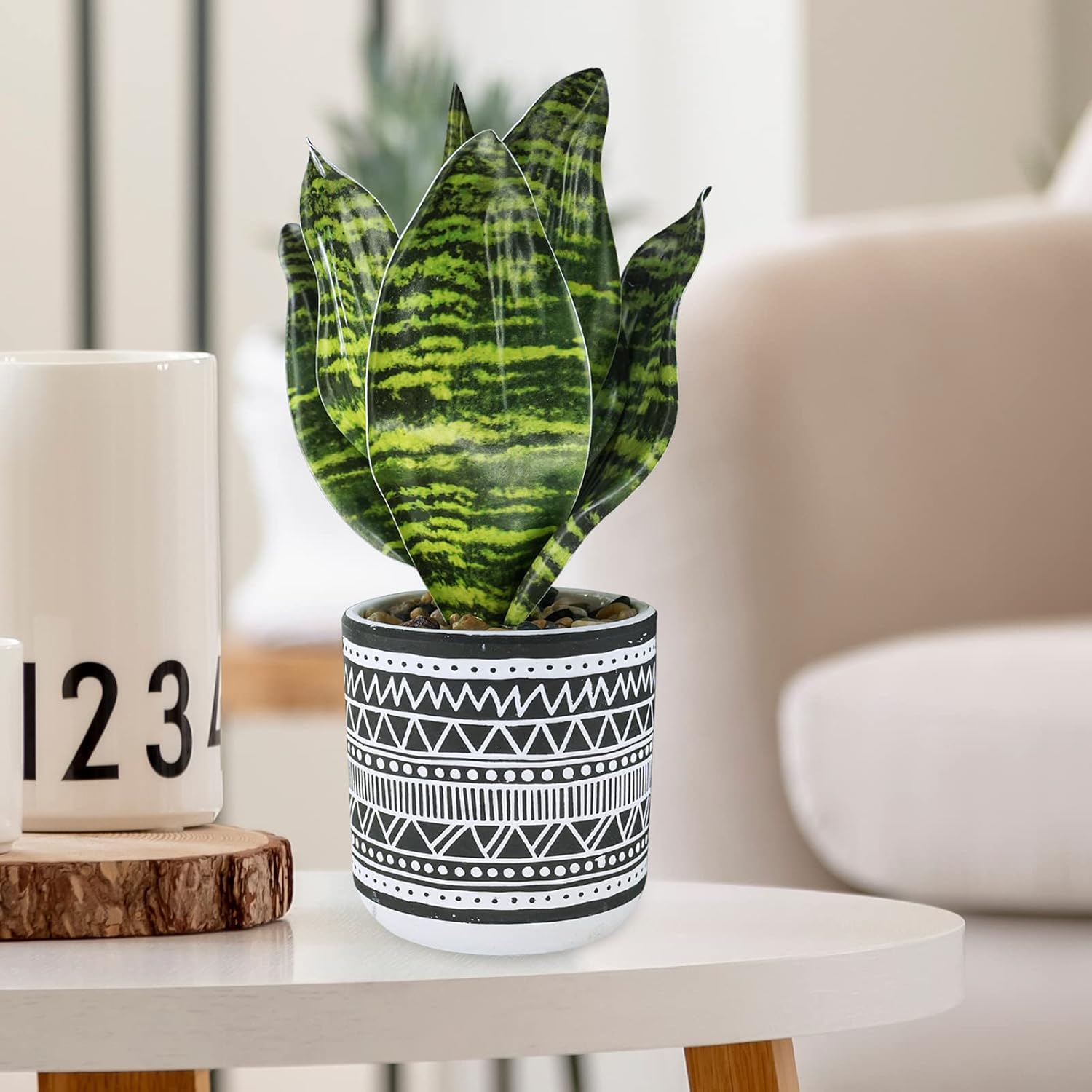 Winlyn 3 Pcs Small Potted Plants Artificial Succulents Hanging Plants and Faux Tropical Snake Plant in Black Geometric