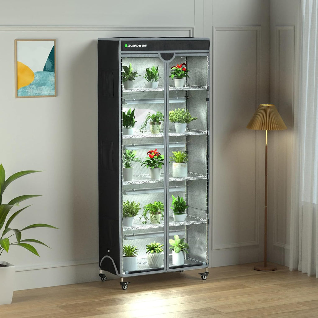 Indoor Greenhouse 6-Tier Plant Stand with Grow Lights & Cover | Fully Covered, Thermometer & Timer | 5 Sets T8 Lights
