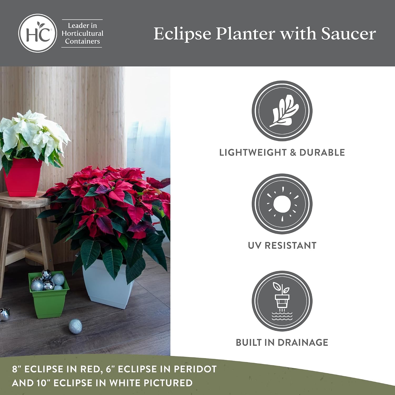The HC Companies Eclipse Square Planter Pot, 12 Inch, Black, 2-Pack | Plastic, Attached Saucer, Drainage Holes