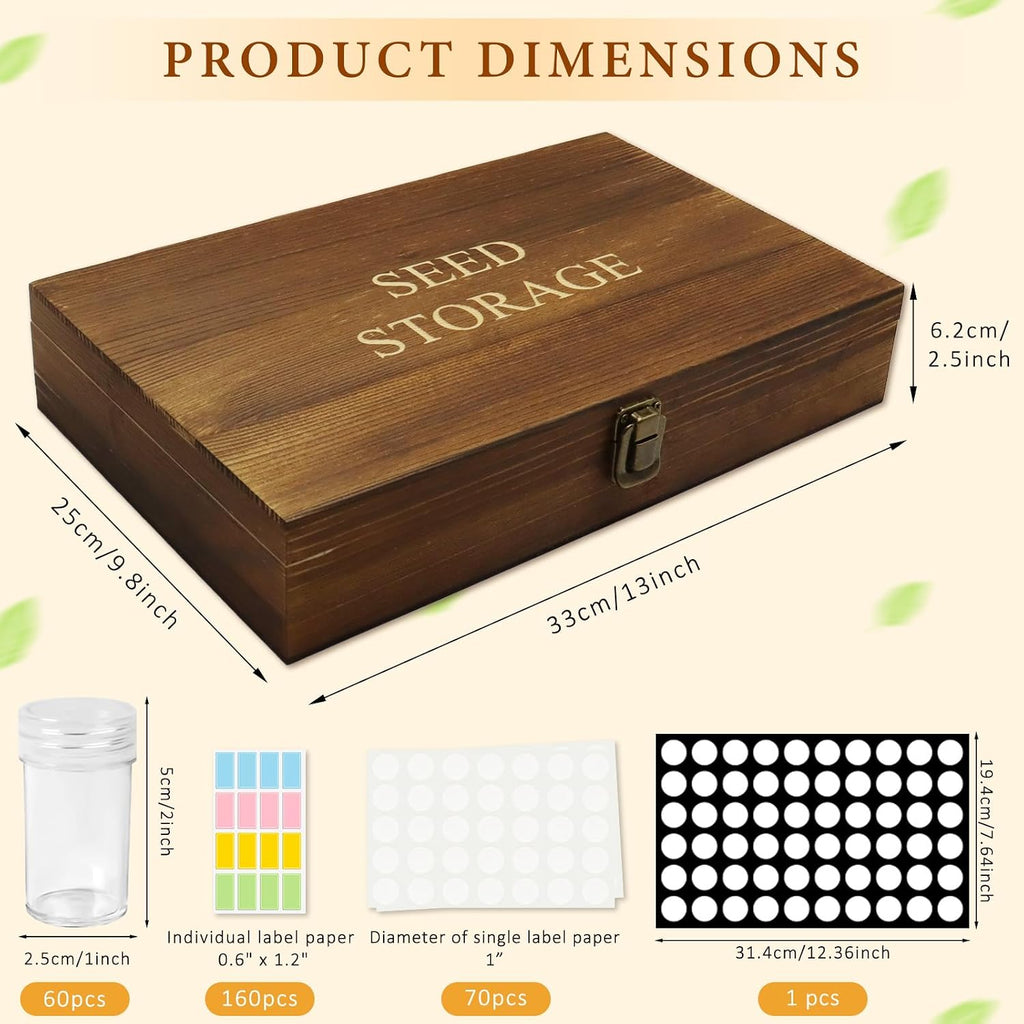 Seed Storage Organizer,60 Slots Pine Wood Seed Storage Box,Portable Seed Saving Box with 230 Labels,Seed
