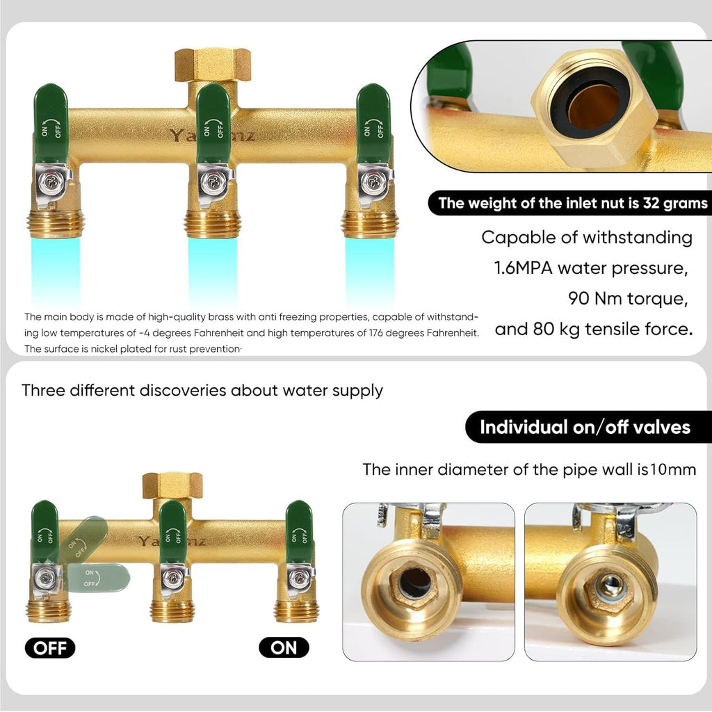3 Way Garden Hose Splitter, 3/4" GHT Outdoor Water Spigot Splitter | Heavy Duty Solid Brass Body with Shut-off Valves &