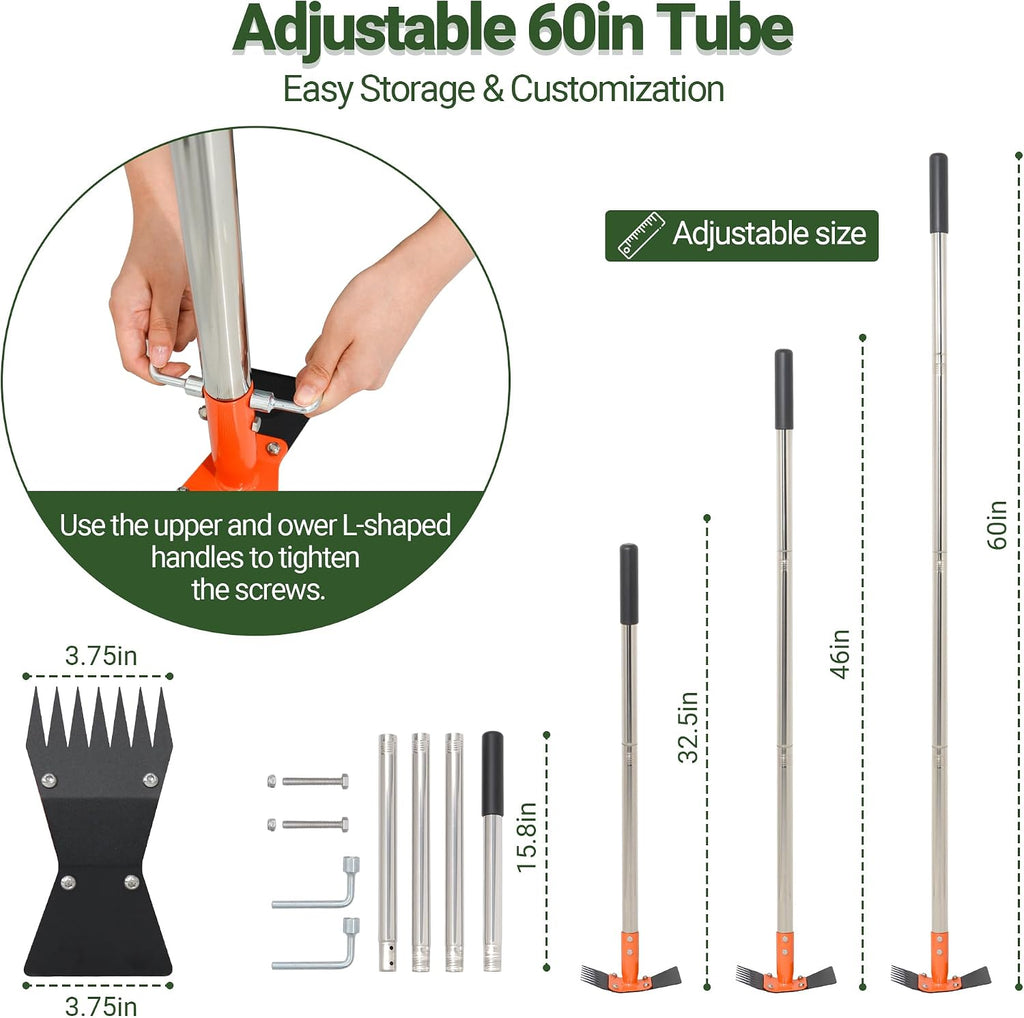 2-in-1 Garden Hoe and Weed Puller Rake 60 Inch Spring Steel Head | Adjustable Long Handle Weeding Tool Heavy Duty Sand