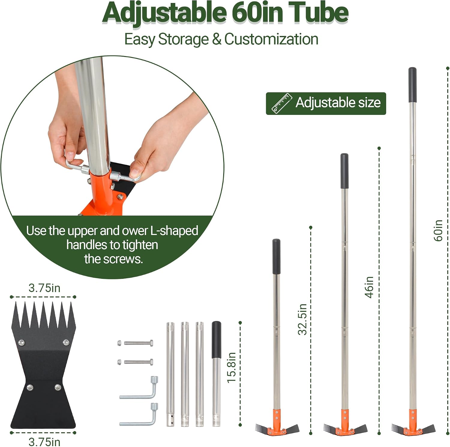 2-in-1 Garden Hoe and Weed Puller Rake 60 Inch Spring Steel Head | Adjustable Long Handle Weeding Tool Heavy Duty Sand