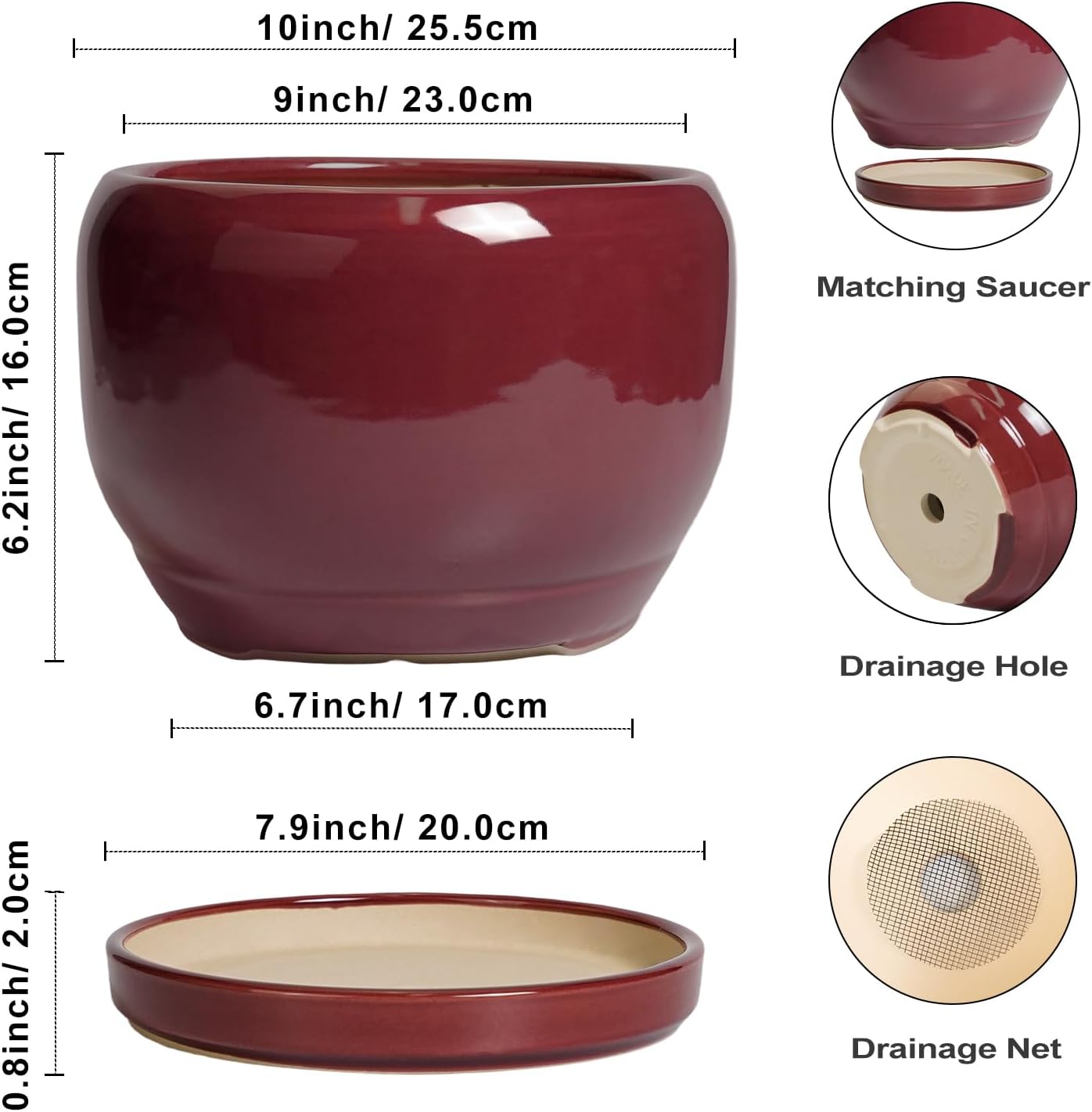 SQOWL Ceramic Pot for Plants - 10 Inch Indoor Planter with Drainage Hole and Saucer, Round Modern Planter Outdoor