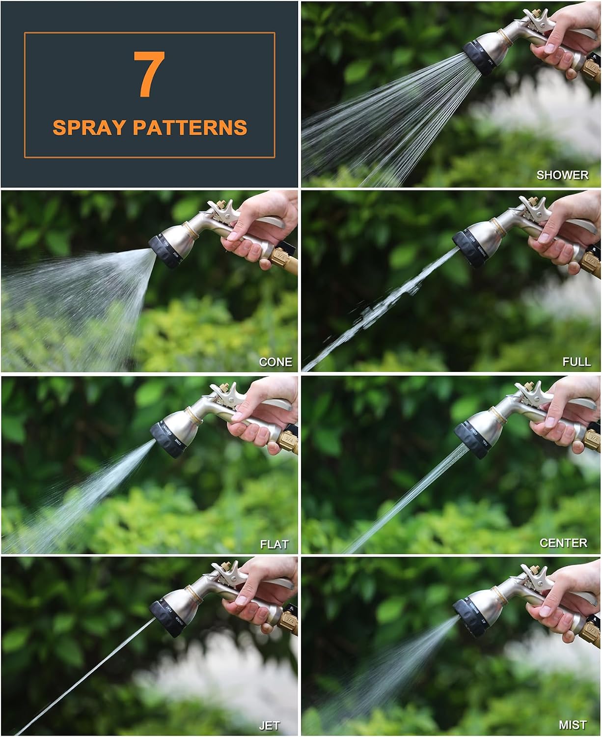 Heavy Duty Metal Garden Hose Nozzle, 7 Patterns, Rear Trigger | High pressure metal sprayer for garden, car wash, pet