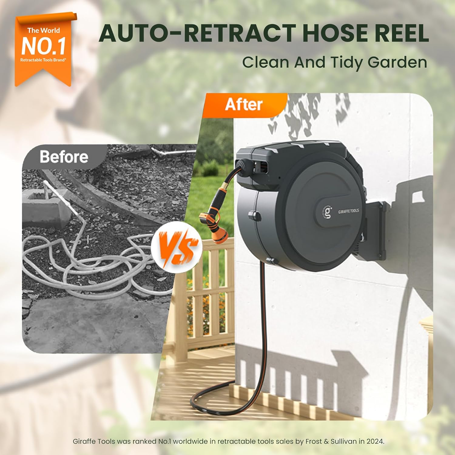 Giraffe Tools Retractable Garden Hose Reel 1/2"100FT Metal bracket | Wall Mount,Any Length Lock,Auto Rewind System,180°