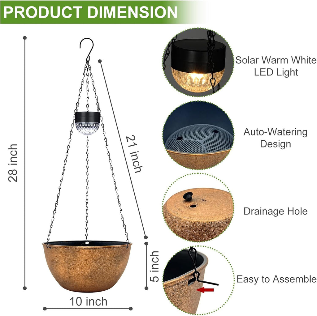 BAYN 2 Packs Solar Hanging Basket Planters for Plants Outdoor | Self Watering, Bronze Flower Pots with Solar Light