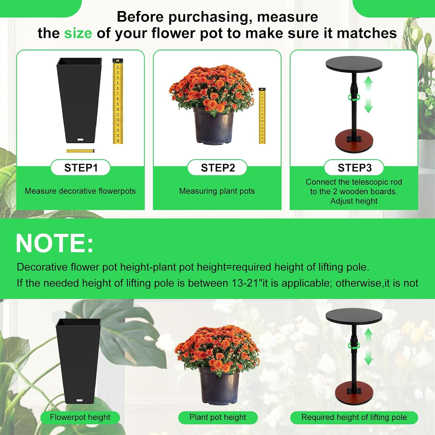 2 Set Adjustable Plant Risers for Inside Pots, 13-21” Telescopic Tapered Flower Pot Stand, Fits 6/8/10 Inch Base for