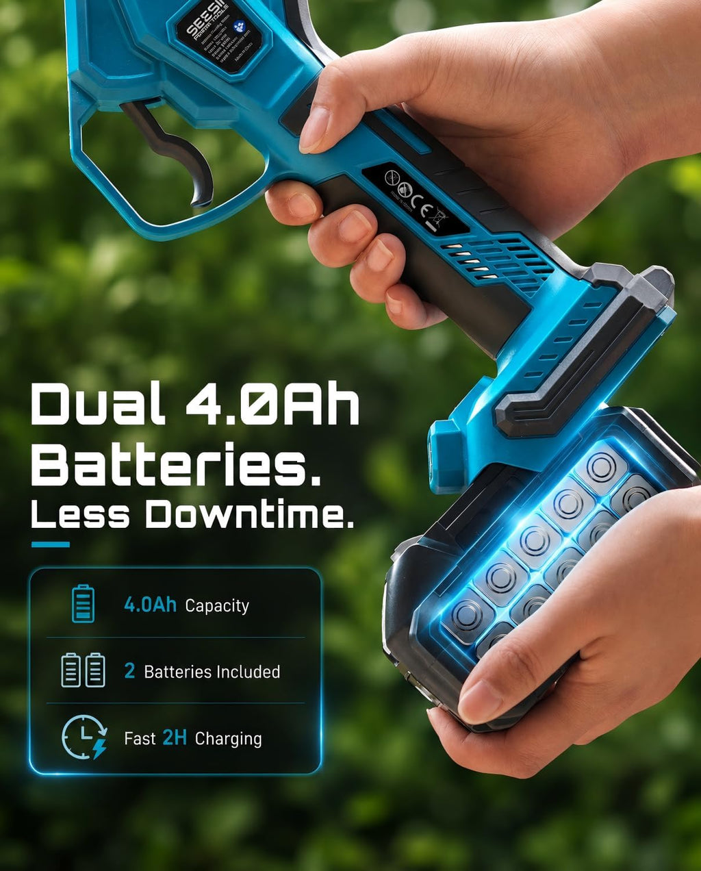 SEESII Electric Pruning Shears, 1.6" Cut Cordless Pruner, 2x4.0Ah Batteries | Brushless Motor, SK5 Blade, LCD Display