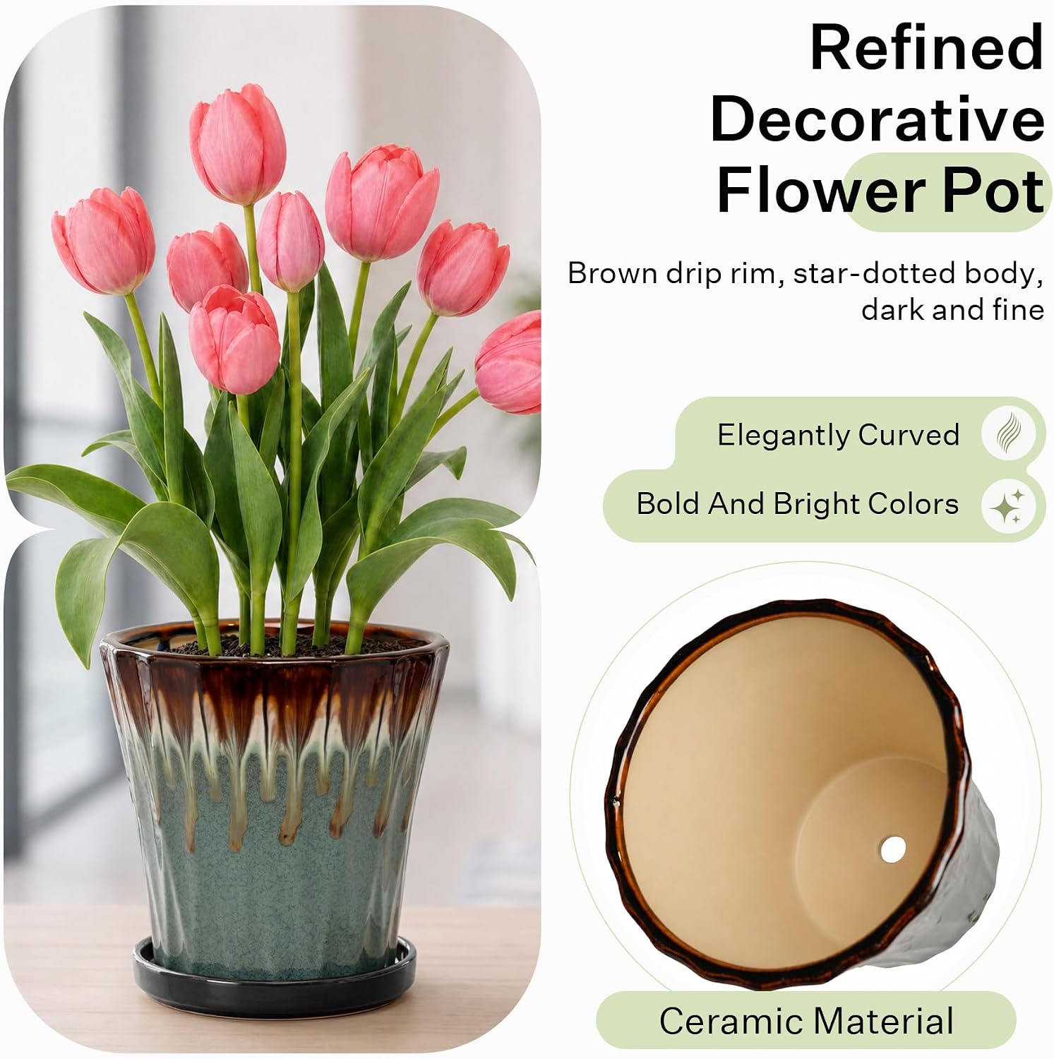 6.6 Inch Ceramic Planters with Drainage Hole and Saucer,Indoor Outdoor Large Flower Pots, Garden Pot for Plant Lovers