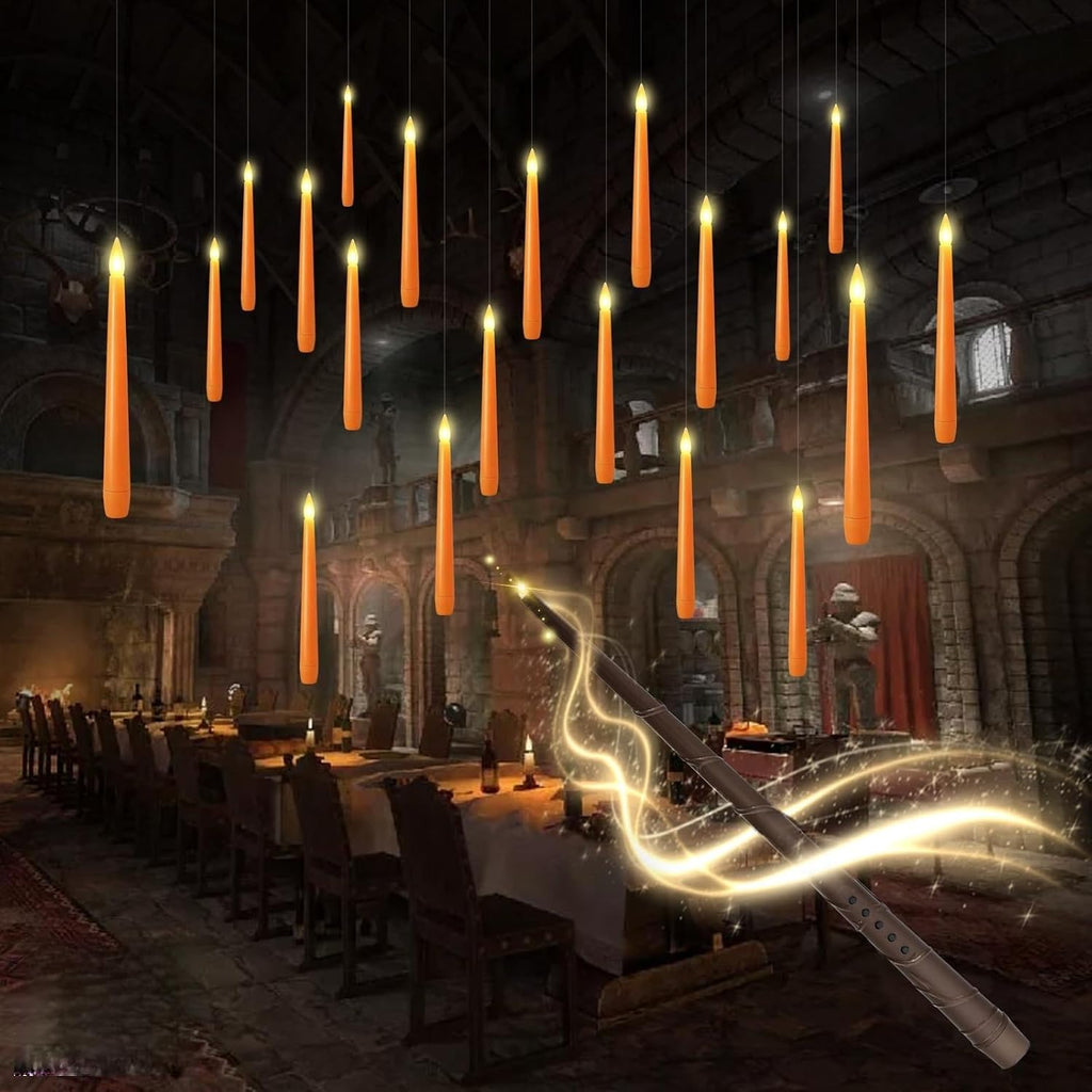 kakoya Flameless Floating Candles with Wand，20 Pcs Magic LED Hanging Taper Candles，Flickering Battery Operated Taper Candle with Wand Remote for Halloween Decorations Best Gift(Orange)