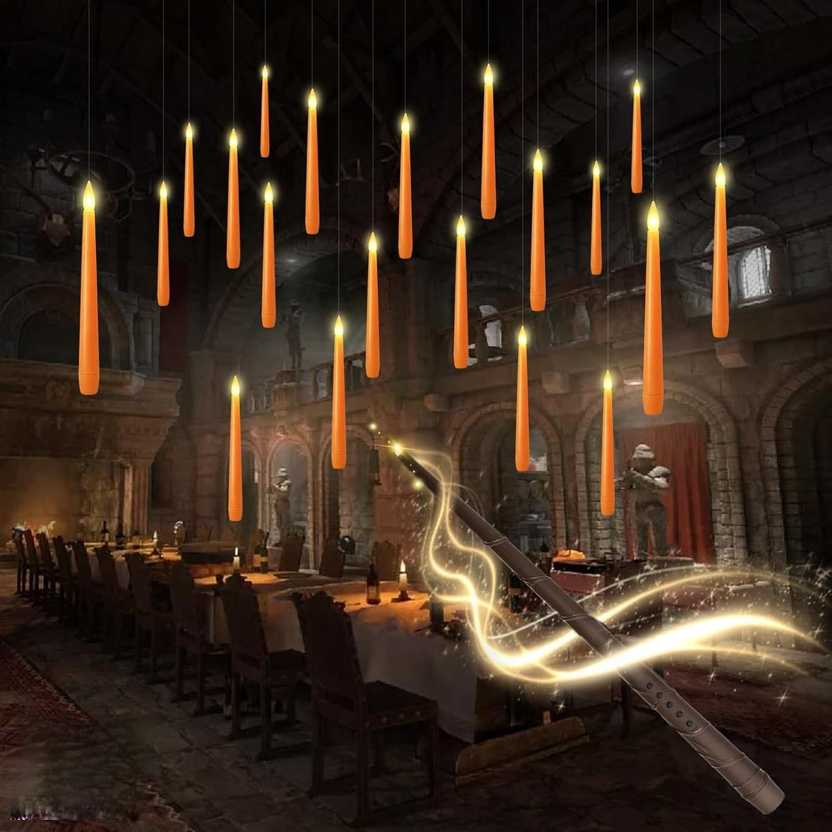 kakoya Flameless Floating Candles with Wand，20 Pcs Magic LED Hanging Taper Candles，Flickering Battery Operated Taper Candle with Wand Remote for Halloween Decorations Best Gift(Orange)