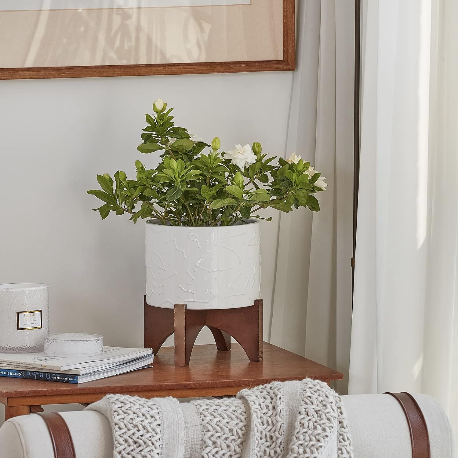 LA JOLIE MUSE Ceramic Pot for Plants, 8 Inch Indoor Planter with Stand | Decorative Plant Pot with Wood Stand and