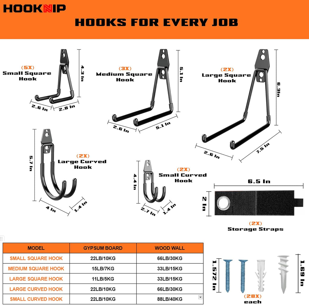16 Pack Heavy Duty Garage Hooks, Wall Mounted Tool Hangers | PVC-coated hooks for bikes, ladders, garden tools and