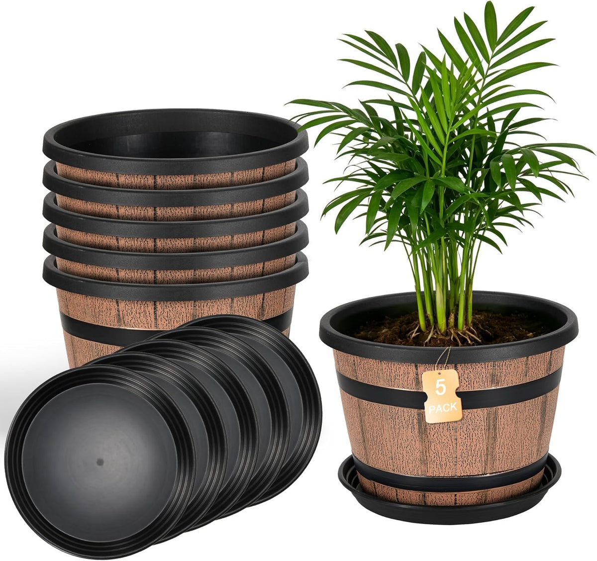 Mintra Garden Pots, 4 Pack Bulk Plastic Plant Pots with Drainage Tray, Round Indoor & Outdoor Decorative Planters with Drain Holes for Flowers, Herbs & Plants, 15cm Diameter – Forest Green, 5.9 in