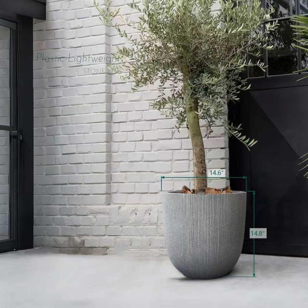 14.8"H Tall Tapered Ribbed Large Plastic Planter w/ Drainage Hole & Plug | Durable & Weatherproof, Indoor Outdoor Use