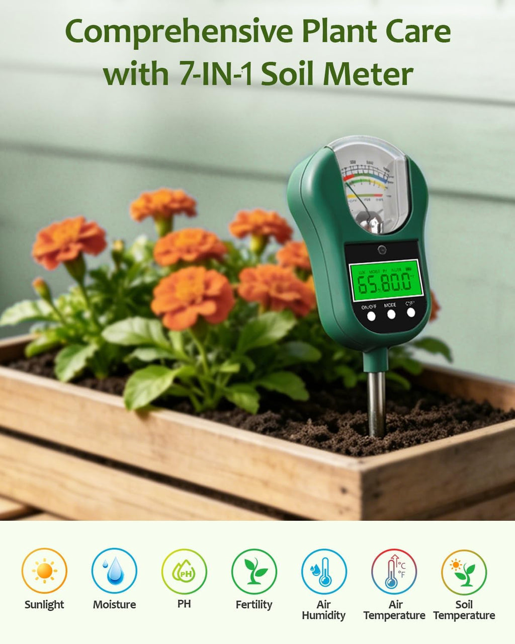 7-in-1 Soil Test Kit, Soil Moisture Meter/pH Meter/Light Intensity/Fertility/Air & Soil Hygrometer Temperature with