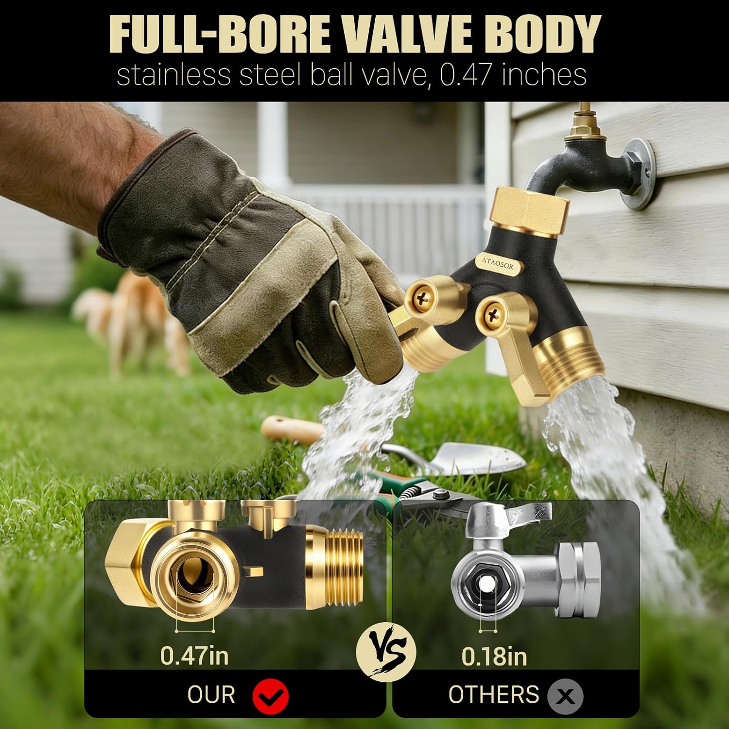 Garden Hose Splitter 2 Way Heavy Duty, Metal Body Water Hose Splitter | with Shut-Off Valve,360° Brass Swivel,3/4'' GHT