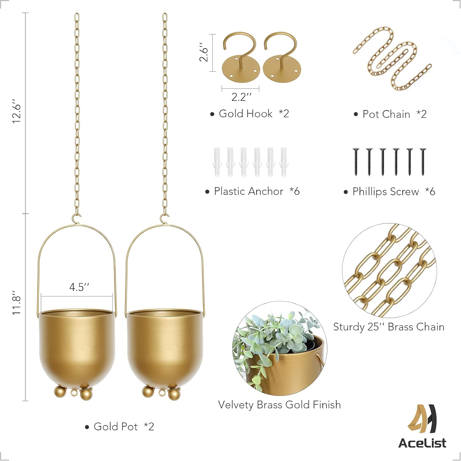 AceList Boho Gold Metal Hanging Planters, Set of 2 with Hooks & Chains - Versatile Wall & Ceiling Plant Hangers for