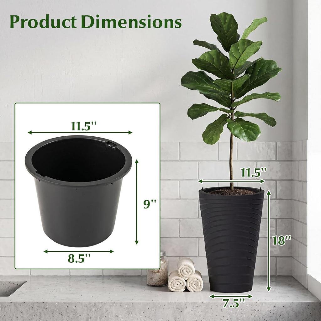 GIANTEX 18" Tall Flower Pot Set 2, Modern Decorative Planter Pots, Black | Insert Bucket, Handle, Drainage Holes, Round