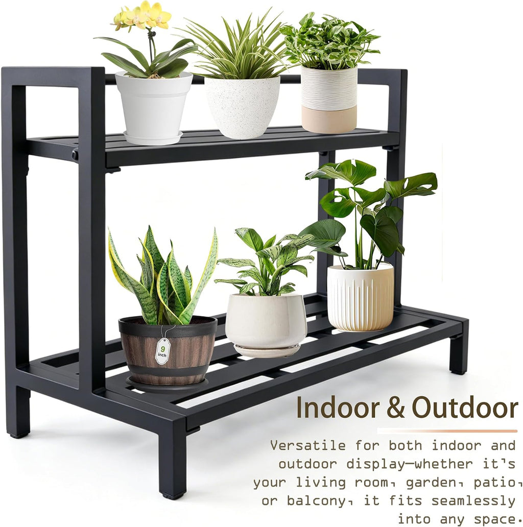 Aluminum Plant Stand Lightweight, Heavy-Duty Metal Plant Shelf | 2-Tier Rustproof Indoor Outdoor Flower Rack for Patio