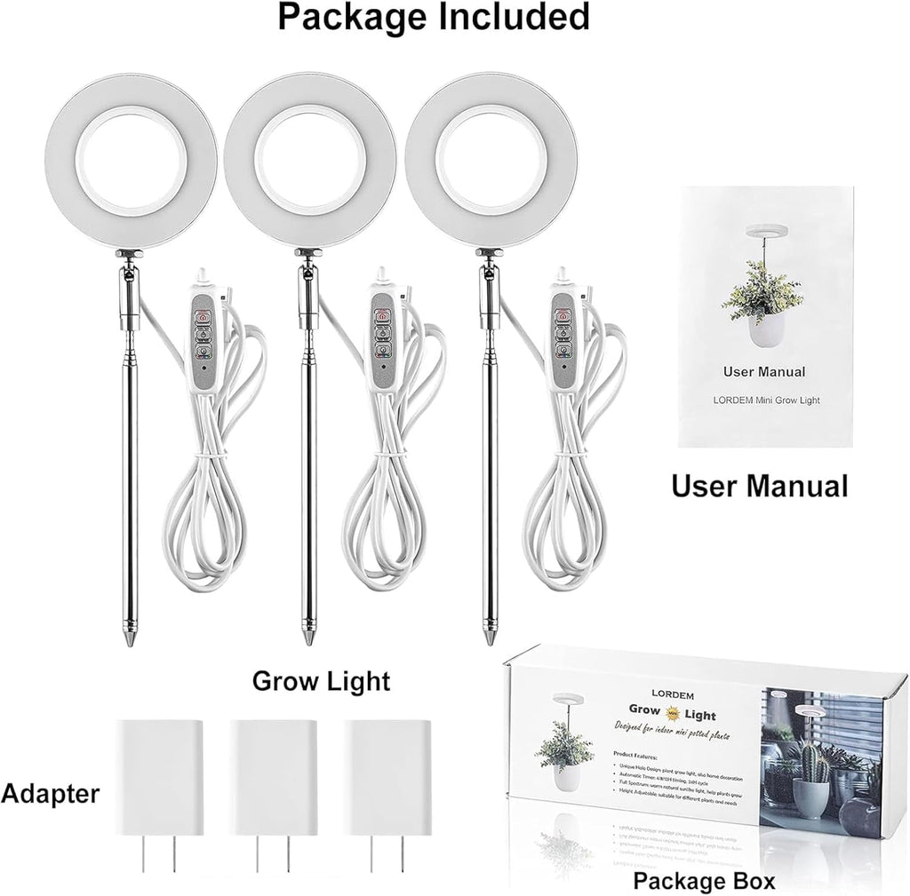 LORDEM Full Spectrum LED Grow Light for Indoor Plants, 3 Packs | Height Adjustable, Auto On/Off Timer 4/8/12H, 4