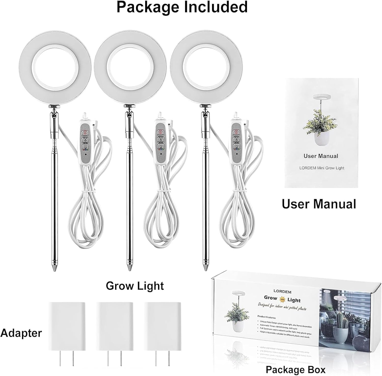 LORDEM Full Spectrum LED Grow Light for Indoor Plants, 3 Packs | Height Adjustable, Auto On/Off Timer 4/8/12H, 4