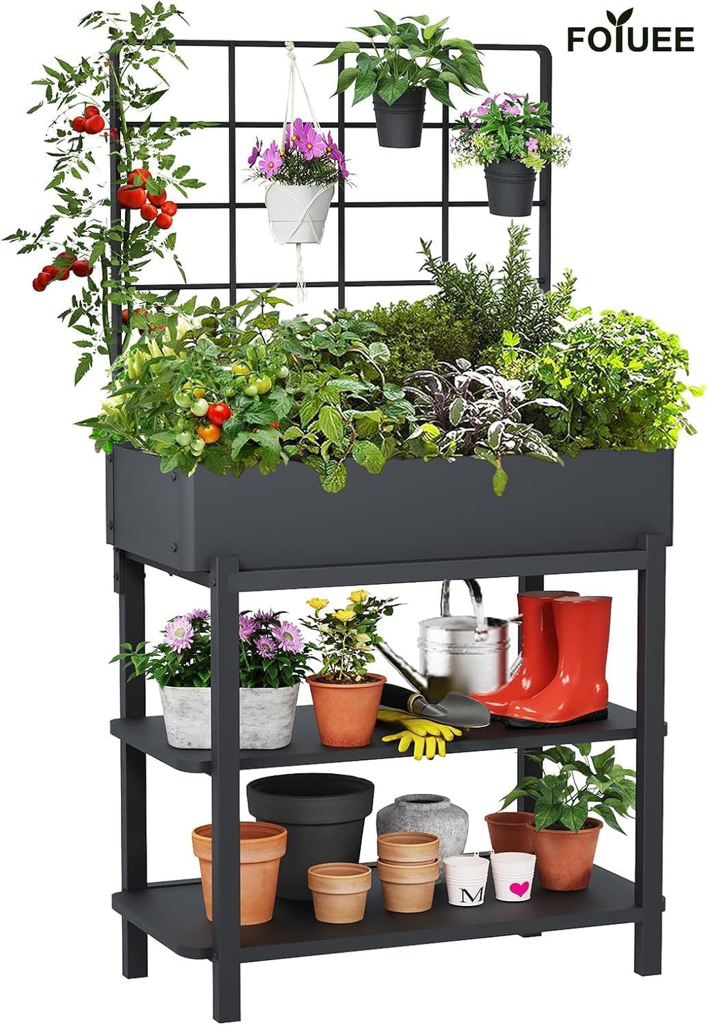 Metal Raised Garden Bed with Trellis & Legs | 2-tier shelf, 3 flower pots, 36" tall no-bend, rust-resistant, ideal for