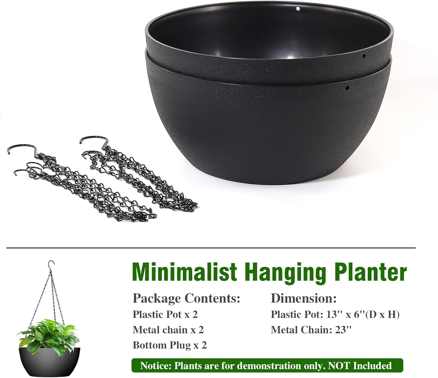 WSMKSZ 13 inch Large Hanging Planters Plant Pots for Outdoor Indoor Plants with Drainage Holes and Chain, 2 Pack Round