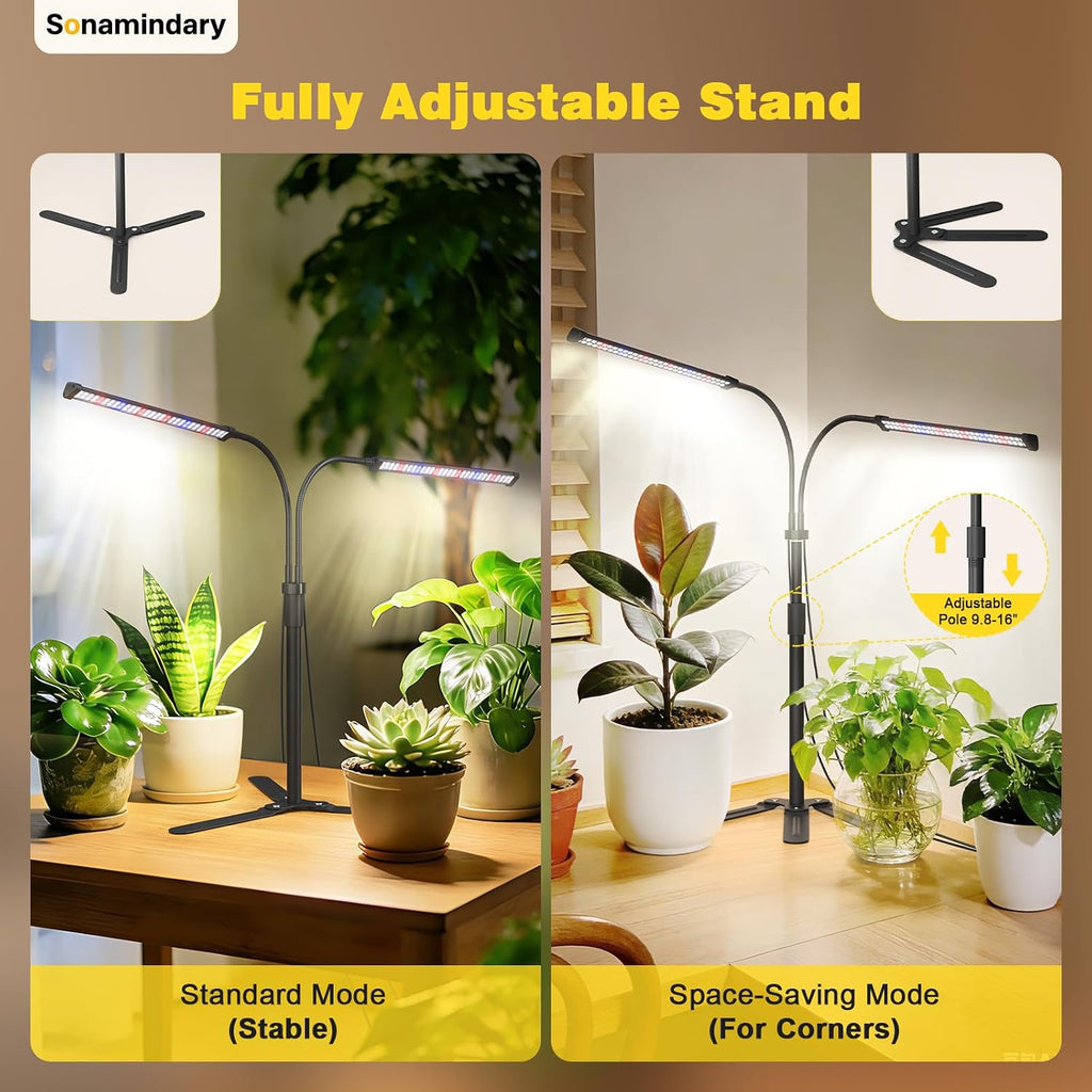 LED Grow Lights for Indoor Plants, Tripod Stand, Dual Head | 120 LEDs, Upgraded 9V System, 9.8-35 in Adjustable Tripod