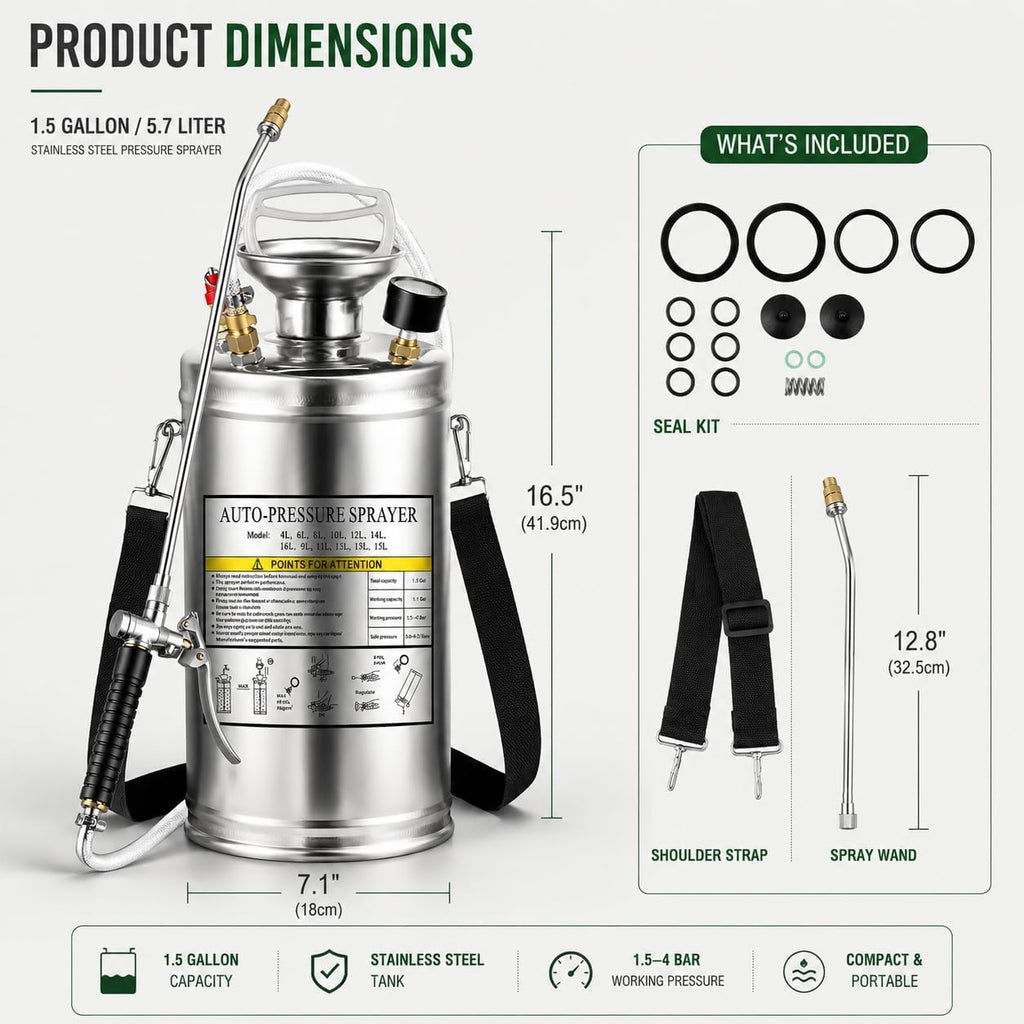 1.5Gal Stainless Steel Pump Up Sprayer Reinforced Hose, Hand Pump Sprayer with Pressure Gauge&Safety Valve, Adjustable