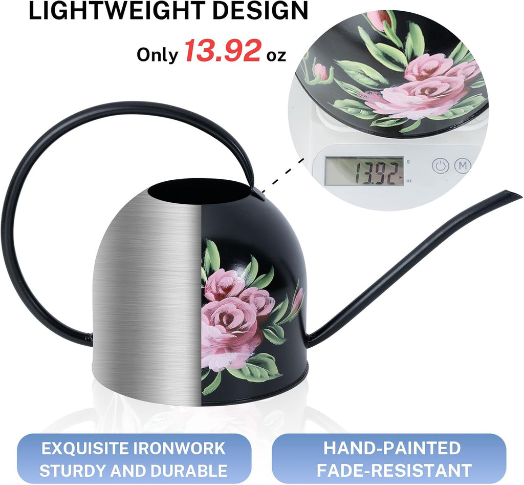 MOYEE Metal Small Watering Can for Indoor Outdoor Plants, Pretty Water Cans | Hand-painted Flowers, Durable Rust-proof