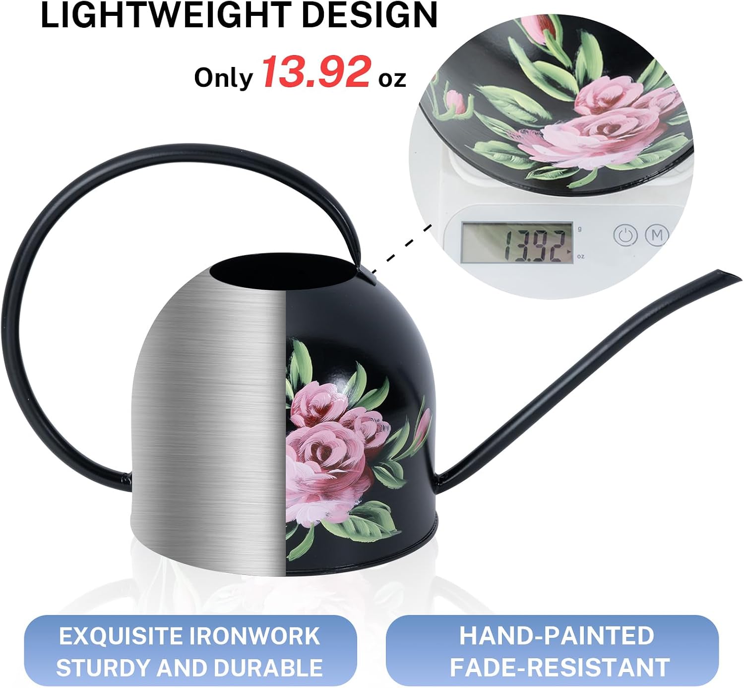 MOYEE Metal Small Watering Can for Indoor Outdoor Plants, Pretty Water Cans | Hand-painted Flowers, Durable Rust-proof