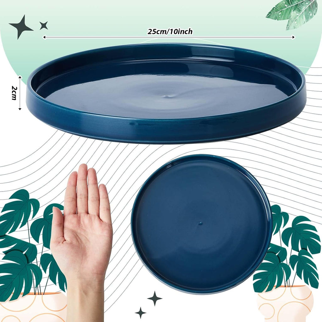 2 Pcs 10 Inch Ceramic Plant Saucer Outdoor Indoor Plant Tray Round Flower Pot Drip Trays Blue Flower Drainage Glazed