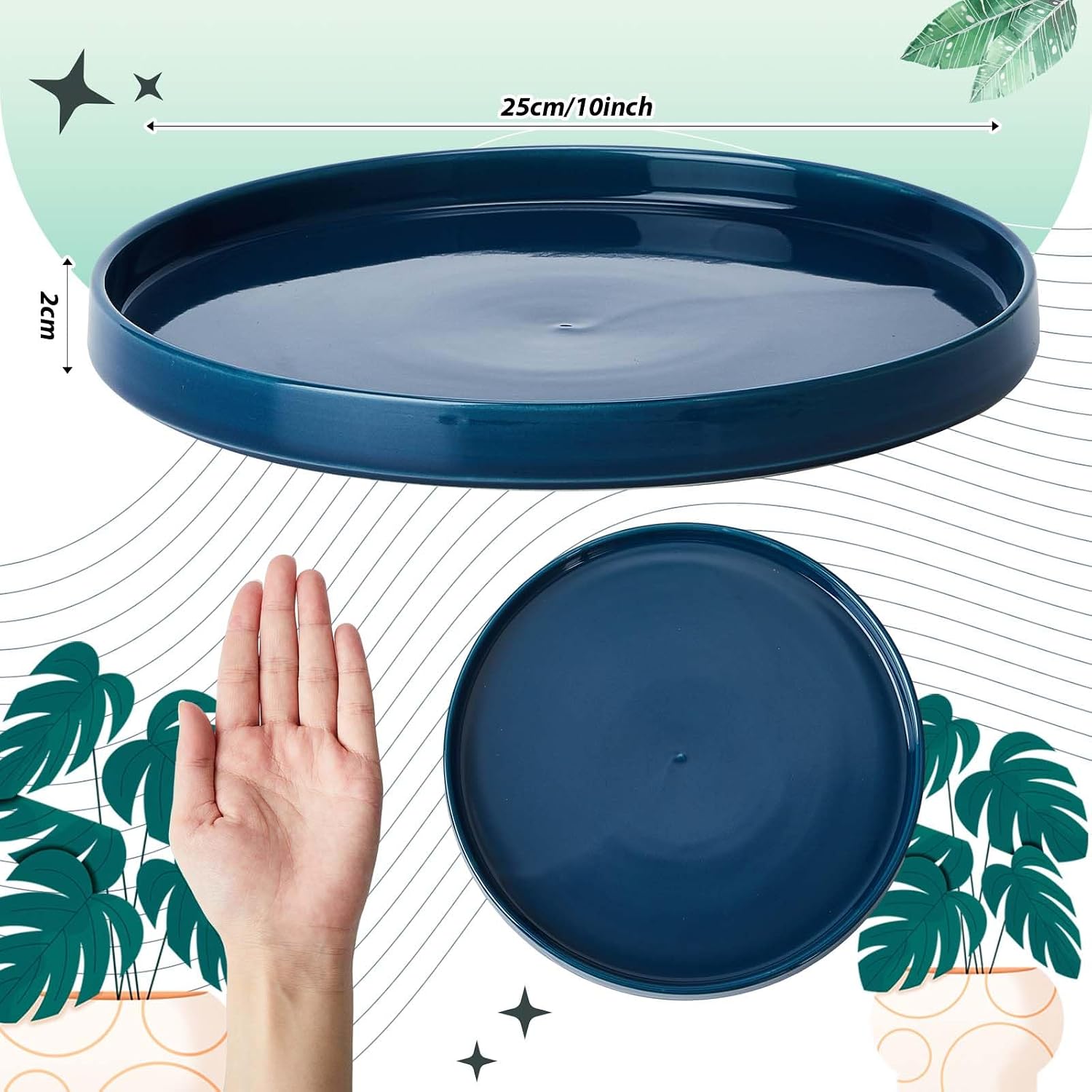 2 Pcs 10 Inch Ceramic Plant Saucer Outdoor Indoor Plant Tray Round Flower Pot Drip Trays Blue Flower Drainage Glazed