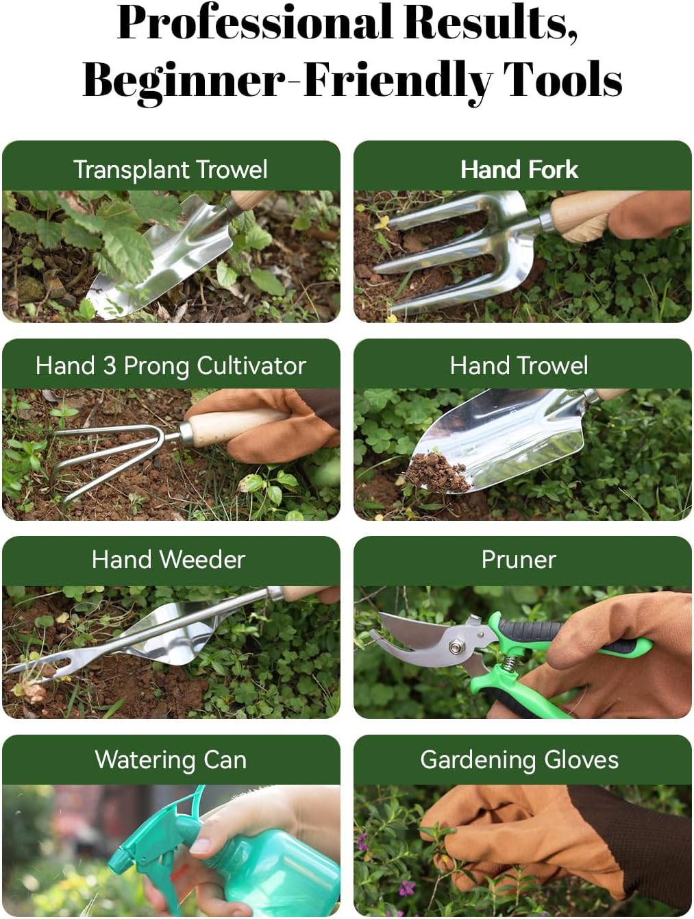 VerdantVibes 9-Piece Garden Tool Set - Heavy Duty Gardening Hand Tools with Ergonomic Non-Slip Grips, Rust-Resistant