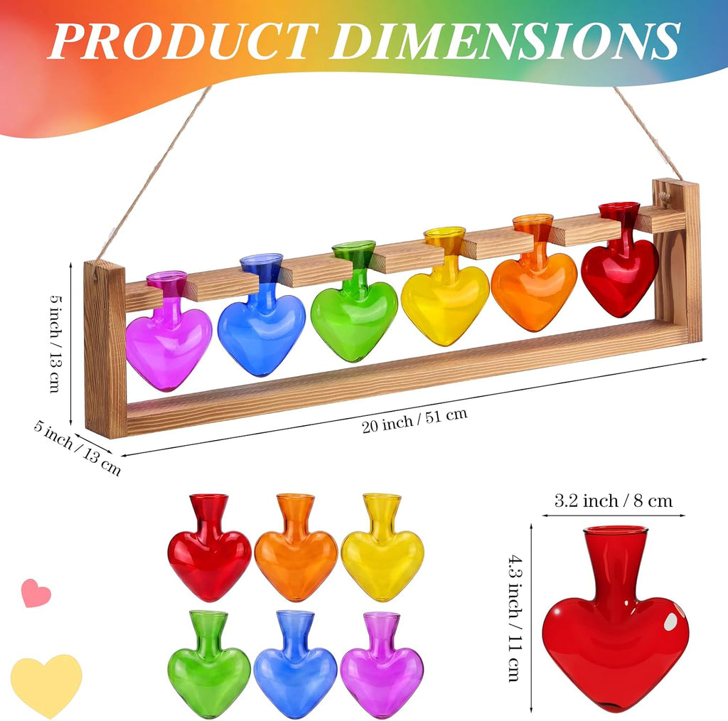 Rainbow Party Decoration Colorful Plant Terrarium with Wooden Stand 6 Heart Glass Vases Planter Propagation Station