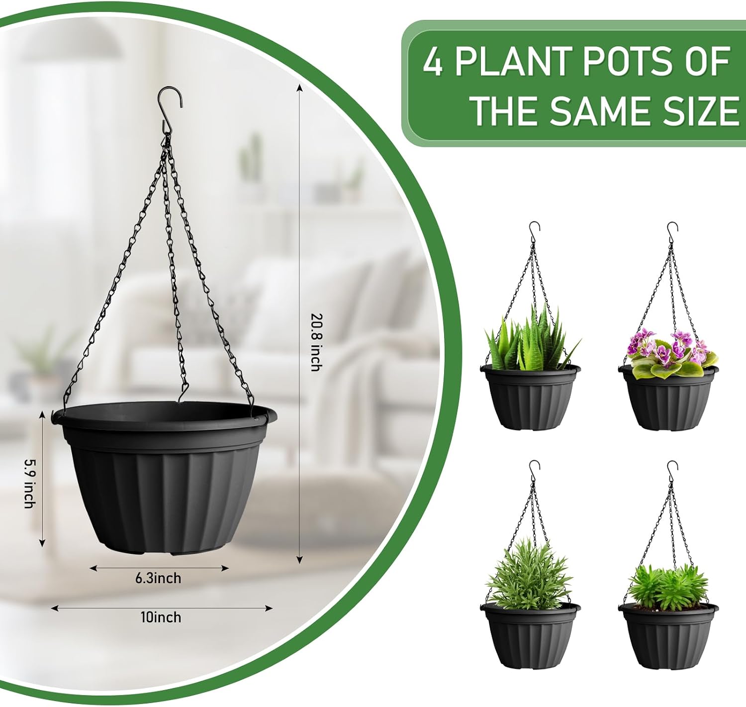 FGstyle Hanging Planters 10 Inch 4 Pack,Hanging Baskets for Plants Outdoor | Self Watering Plastic Hanging Flower Pots