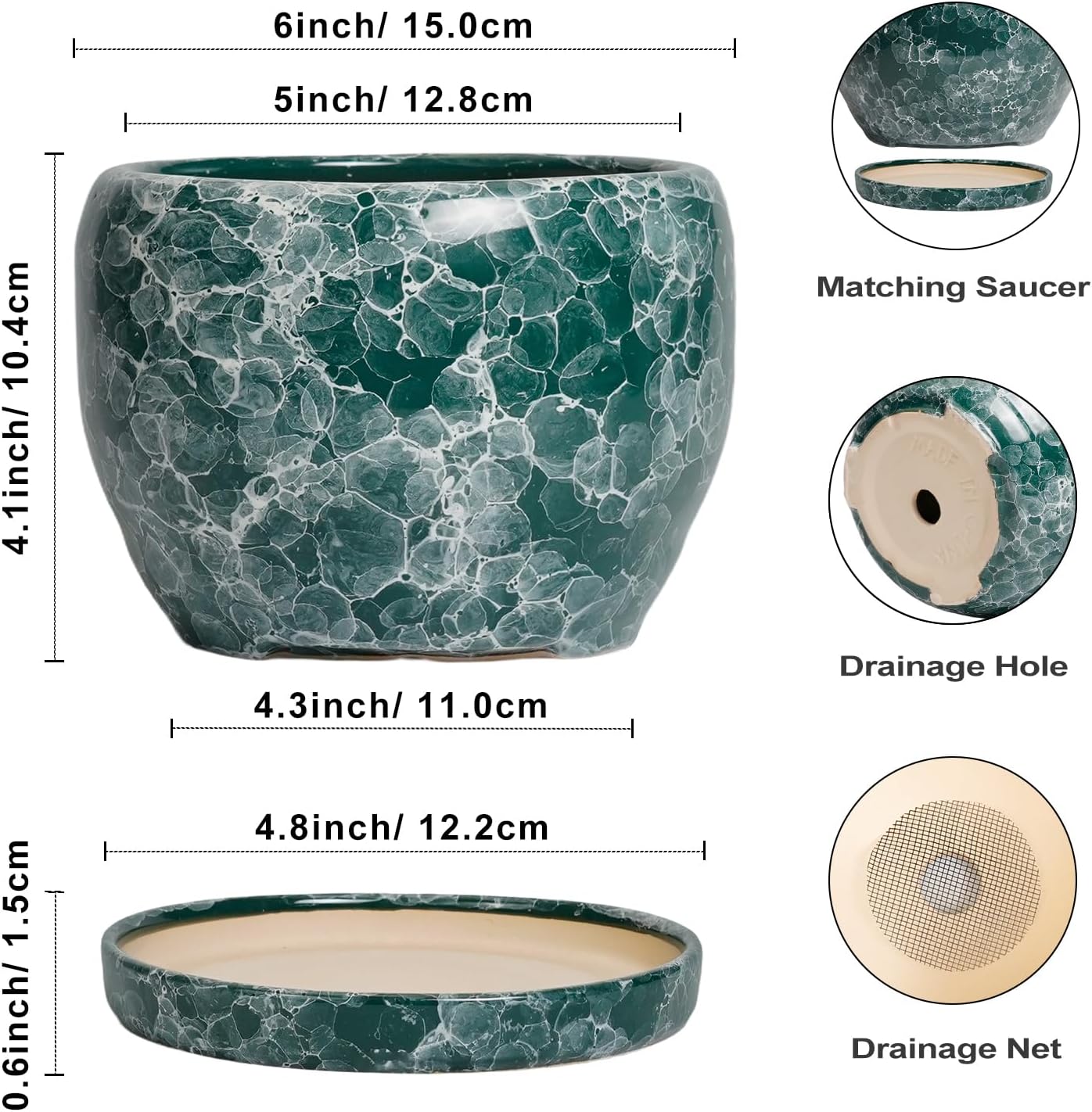 SQOWL Ceramic Pot for Plants - 6 Inch Ceramic Planter with Drainage Hole and Saucer, Round Flower Pot for Indoor