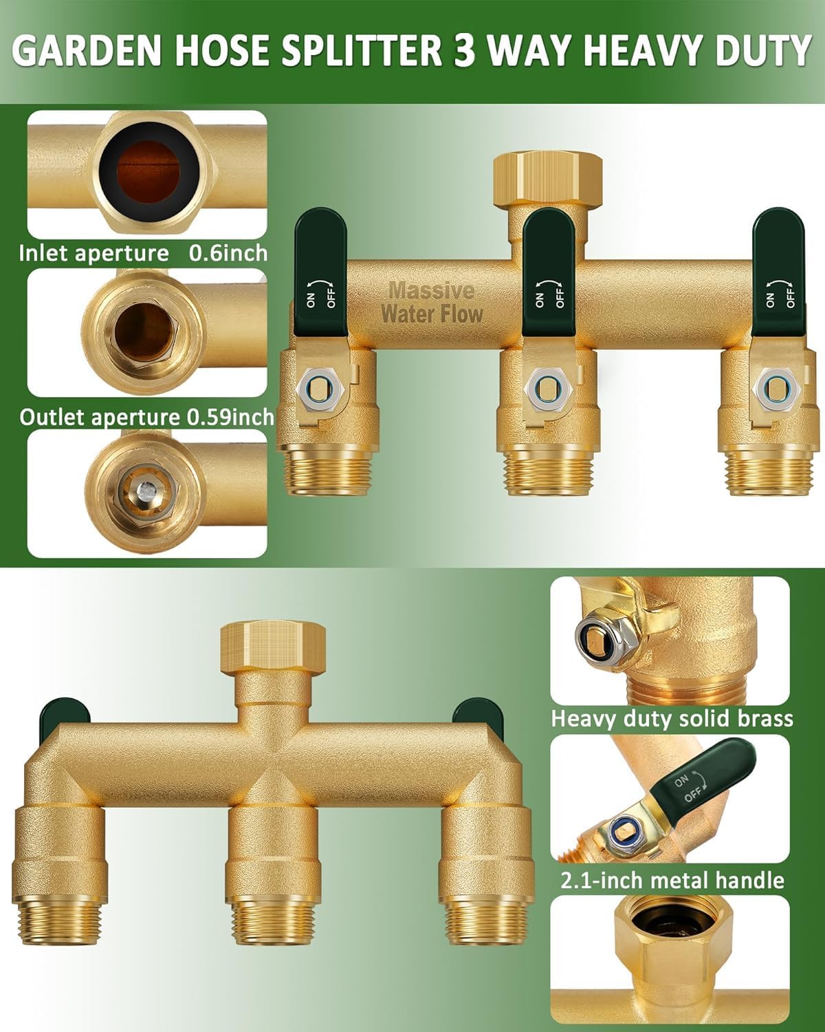 3 Way Hose Splitter, Heavy Duty Full Flow Garden Water Hose Bib Spigot Splitter, Brass Rust and Freeze Resistant